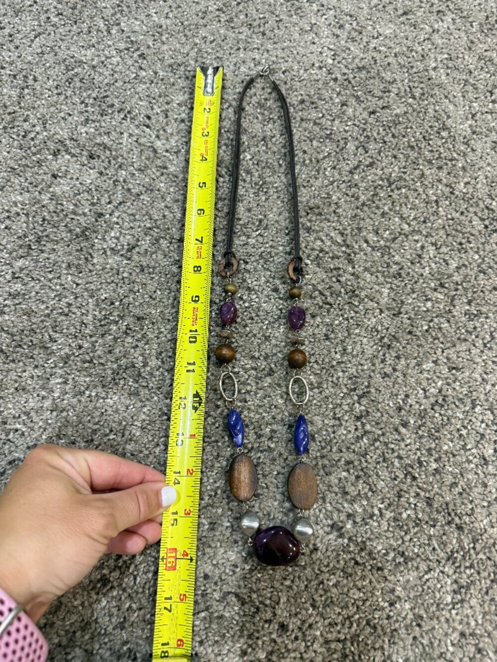 Purple Blue Brown Silver-Tone Chunky Boho Beaded Statement Necklace 16"